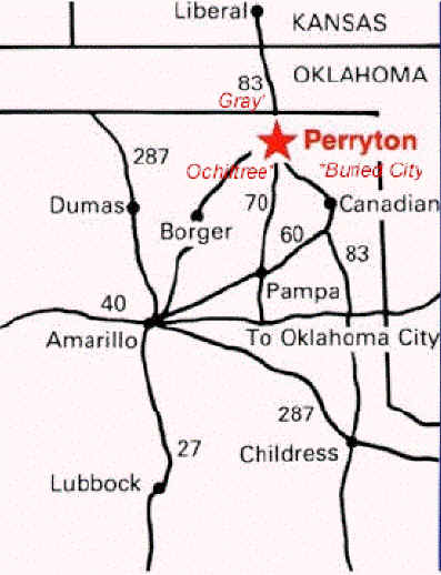 Map of Perryton Texas and the Texas Oklahoma Panandle region.Click to HOME page.